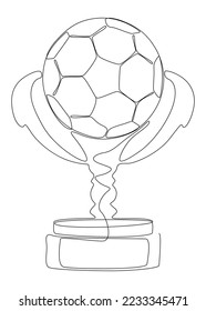 Eine durchgehende Linie des Trophy-Pokals mit Fußball. Leuchtzeilenvektorkonzept Erstellen Sie kreative Ideen.