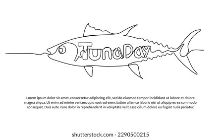 One continuous line of tuna day. Abstract lettering logo. Minimalist style vector illustration on white background.