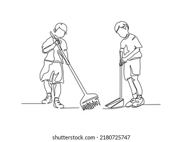 One Continuous Line Of Two Boys Working Together To Clean The Floor. Minimalist Style Vector Illustration In White Background.