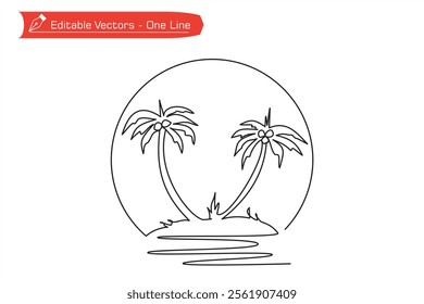 One continuous line of two coconut trees on  beach island. One line drawing of two coconut trees on beach with circle as symbol of sun and moon. One line drawing of beach as symbol, icon, tourism logo