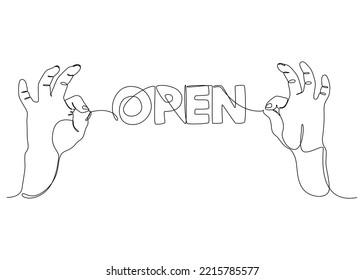 One continuous line of two hand holding a string with Open word. Thin Line Illustration vector concept. Contour Drawing Creative ideas.