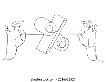 One continuous line of two hand holding a string with Percentage Sign. Thin Line Illustration vector concept. Contour Drawing Creative ideas.