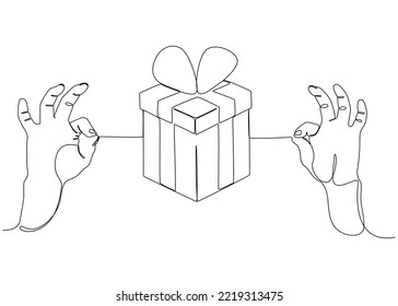 One continuous line of two hand holding a string with Gift Box. Thin Line Illustration vector concept. Contour Drawing Creative ideas.