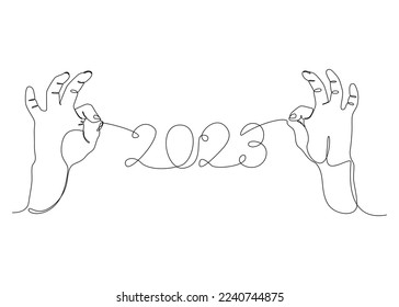 One continuous line of two hand holding a string with 2023 number. Thin Line Illustration vector concept. Contour Drawing Creative ideas.