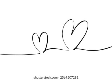 One continuous line two heart drawing. Abstract romantic love symbol for valentines day greeting card, doodle linear fine line hearts sketch. Vector illustration.