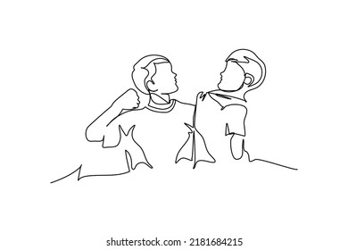 One continuous line two little boy fighting. Minimalist style vector illustration in white background.