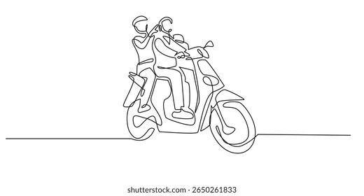 one continuous line two people riding a motorbike.single line vector land transportation.line art.eps 10