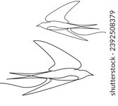 One continuous line. Two swallows flying together. Freedom, flying, line art, saliva, bird