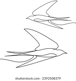 One continuous line. Two swallows flying together. Freedom, flying, line art, saliva, bird's nest, business. Vector