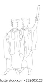 Una línea contínua de dos estudiantes universitarios celebrando el evento de graduación usando uniforme con Mortarboard. Concepto vectorial de Ilustración de líneas delgadas.