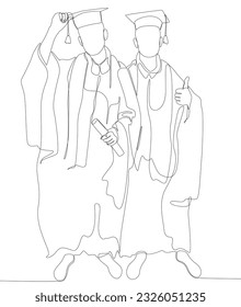 Una línea contínua de dos estudiantes universitarios celebrando el evento de graduación usando uniforme con Mortarboard. Concepto vectorial de Ilustración de líneas delgadas.