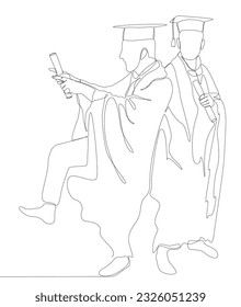 One continuous line of two university student celebrating graduation event wearing uniform with Mortarboard. Thin Line Illustration vector concept.