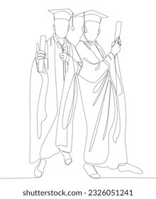 One continuous line of two university student celebrating graduation event wearing uniform with Mortarboard. Thin Line Illustration vector concept.