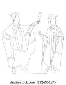 One continuous line of two university student celebrating graduation event wearing uniform with Mortarboard. Thin Line Illustration vector concept.