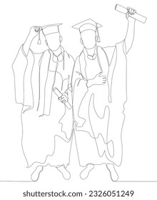Una línea contínua de dos estudiantes universitarios celebrando el evento de graduación usando uniforme con Mortarboard. Concepto vectorial de Ilustración de líneas delgadas.
