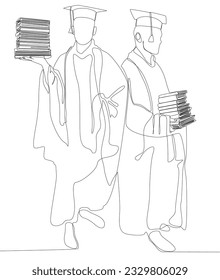 One continuous line of two university student graduation celebration with books. Thin Line Illustration vector concept. Contour Drawing Creative ideas.