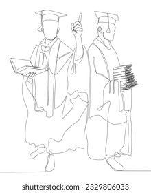 One continuous line of two university student graduation celebration with books. Thin Line Illustration vector concept. Contour Drawing Creative ideas.