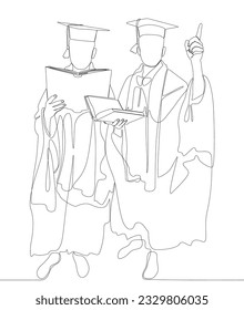 One continuous line of two university student graduation celebration with books. Thin Line Illustration vector concept. Contour Drawing Creative ideas.