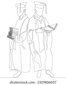 One continuous line of two university student graduation celebration with books. Thin Line Illustration vector concept. Contour Drawing Creative ideas.