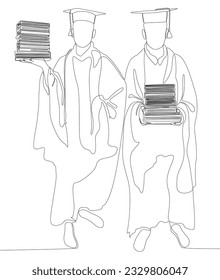 One continuous line of two university student graduation celebration with books. Thin Line Illustration vector concept. Contour Drawing Creative ideas.