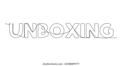 Una línea continua de la palabra Unboxing. Concepto vectorial de Ilustración de líneas delgadas. Contour Drawing Ideas Creativas.