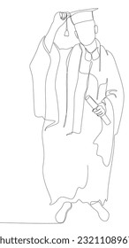 One continuous line of university student celebrating graduation event wearing uniform with Mortarboard. Thin Line Illustration vector concept.