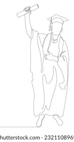 One continuous line of university student celebrating graduation event wearing uniform with Mortarboard. Thin Line Illustration vector concept.