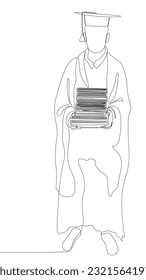 One continuous line of university student graduation celebration with books. Thin Line Illustration vector concept. Contour Drawing Creative ideas.