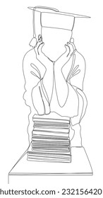 One continuous line of university student graduation celebration with books. Thin Line Illustration vector concept. Contour Drawing Creative ideas.