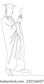 One continuous line of university student celebrating graduation event wearing uniform with Mortarboard. Thin Line Illustration vector concept.