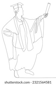 One continuous line of university student celebrating graduation event wearing uniform with Mortarboard. Thin Line Illustration vector concept.