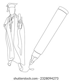 One continuous line of university student graduation event drawn by with felt tip pen. Thin Line Education Illustration vector concept. Contour Drawing Creative ideas.