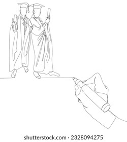 One continuous line of university student graduation event drawn by with felt tip pen. Thin Line Education Illustration vector concept. Contour Drawing Creative ideas.