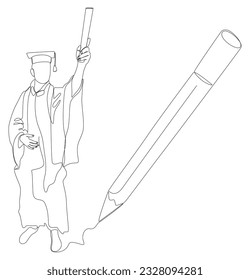 One continuous line of university student graduation event drawn by with felt tip pen. Thin Line Education Illustration vector concept. Contour Drawing Creative ideas.