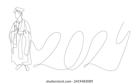 One continuous line of university student graduation with number 2024. Thin Line Illustration vector concept. Contour Drawing Creative ideas.