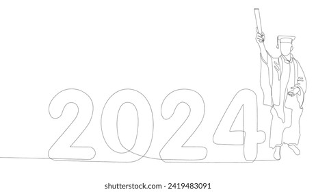 One continuous line of university student graduation with number 2024. Thin Line Illustration vector concept. Contour Drawing Creative ideas.
