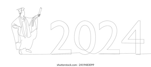 One continuous line of university student graduation with number 2024. Thin Line Illustration vector concept. Contour Drawing Creative ideas.