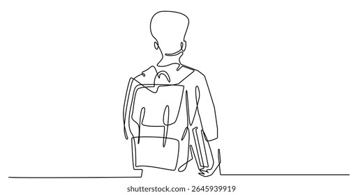 uma linha contínua de estudantes universitários vistos de trás.um desenho de linha de jovens homens que retornam à escola.anúncio universitário.ilustração eps 10
