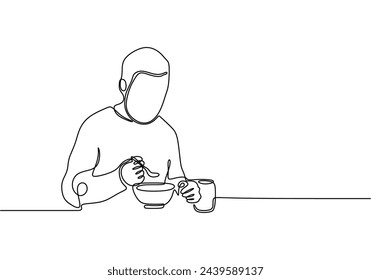 One continuous line vector drawing of a man eating soup.