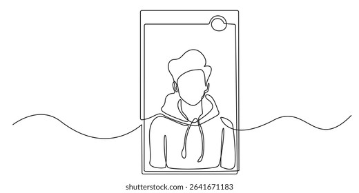 one continuous line video call.single line image of young man is in mobile phone frame.modern telephone technology.vector illustration eps 10