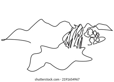 One continuous line of view
mountain waterfalls. Vector illustration of waterfalls mountains and trees. Mountain symbol, travel icon, adventure logo camping and picnic. Editable vector illustration.
