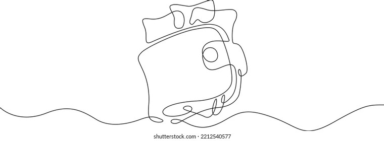One continuous line. Wallet with banknotes. Money in a leather wallet. Flat minimal icon. One continuous line on a white background.