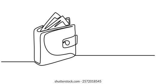 One continuous line. Wallet with banknotes. Money in a leather wallet. Flat minimal icon. One continuous line on a white background, Wallet glyph line icon. Thin line icon that can be applied anywhere