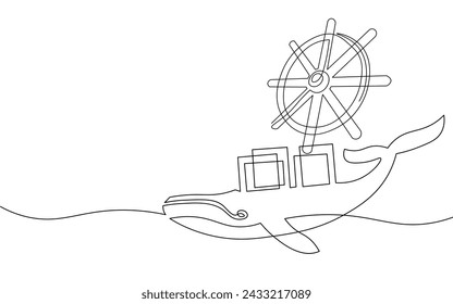  One continuous line wheel helm computer developer app concept. Business digital open source program. Data coding steering vector line illustration