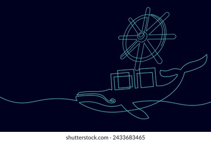 One continuous line wheel helm computer developer app concept. Business digital open source program. Data coding steering vector line illustration