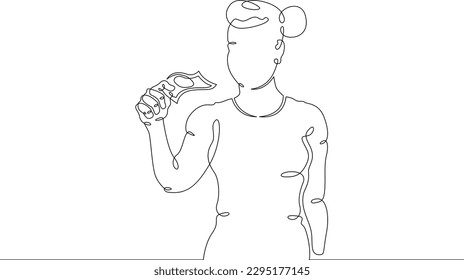 One continuous line. Woman with cash. Female character with banknotes in his hands. Woman with banknotes. Girl  holds money. One continuous line drawn isolated, white background.