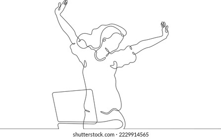 One continuous line. Woman celebrating victory. Hands up in joy. Woman behind a laptop. One continuous line on a white background.