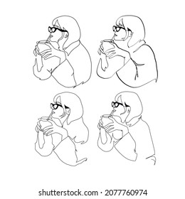 One continuous line woman drinks coffee. Woman with glass. Hand drawn vector illustration. 