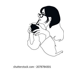 One continuous line woman drinks coffee. Woman with glass. Hand drawn vector illustration. 