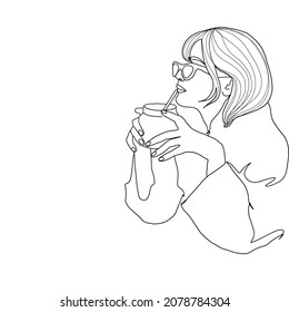 One continuous line woman drinks coffee. Woman with glass. Hand drawn vector illustration. 